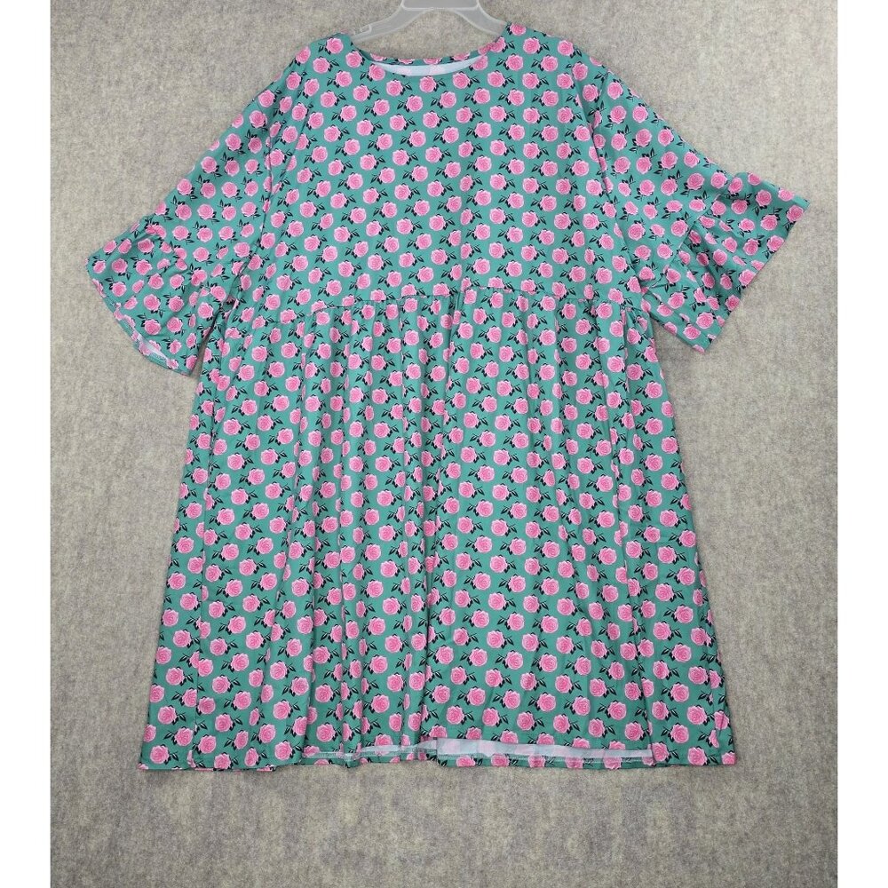 Floral Tiered Babydoll Dress Women’s Pink Roses Green Background 5XL Casual